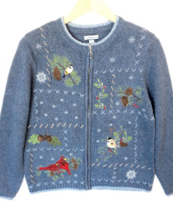 Winter Birds Blue Cardigan Tacky Ugly Christmas Sweater