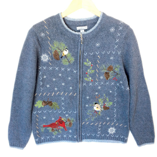 Winter Birds Blue Cardigan Tacky Ugly Christmas Sweater - The Ugly ...