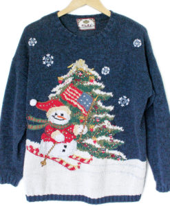 Patriotic Skiing Snowman Tacky Ugly Christmas Sweater