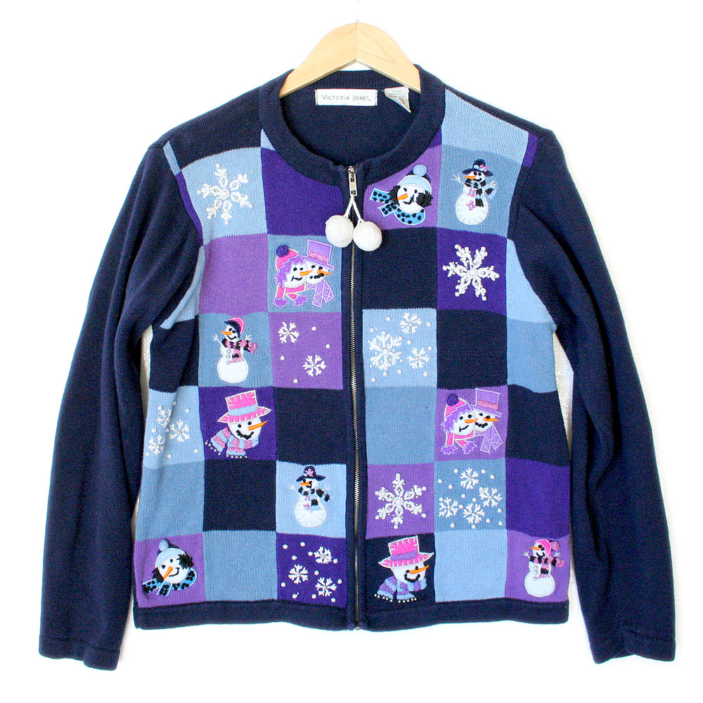 Purple Snowmen Squares Tacky Ugly Christmas Sweater - The Ugly Sweater Shop