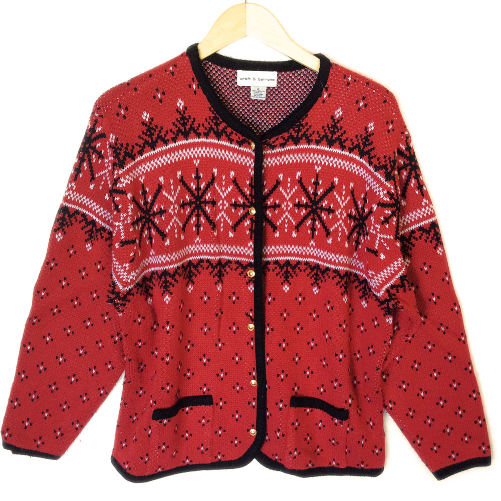 Red Nordic Snowflake Cardigan Tacky Ugly Christmas Sweater - The Ugly ...