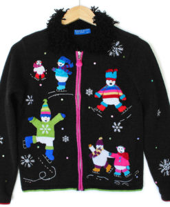 Shaggy Collar Ice Skating Snowmen Tacky Ugly Christmas Sweater - The ...