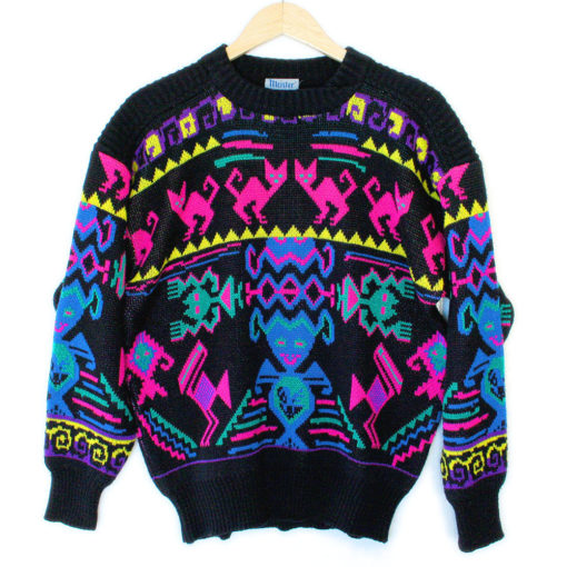 Vintage 80s Cats and Aliens Tacky Ugly Ski Sweater
