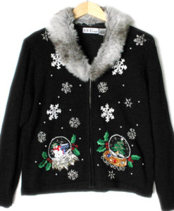 Blingy Snow Globes Fur Collar Tacky Ugly Christmas Sweater