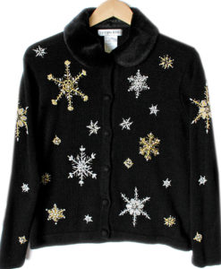 Blingy Snowflakes Fur Collar Tacky Ugly Christmas Sweater