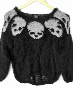 Fuzzy Furry Hairy Skull Goth Punk Hi-Lo Halloween Ugly Sweater
