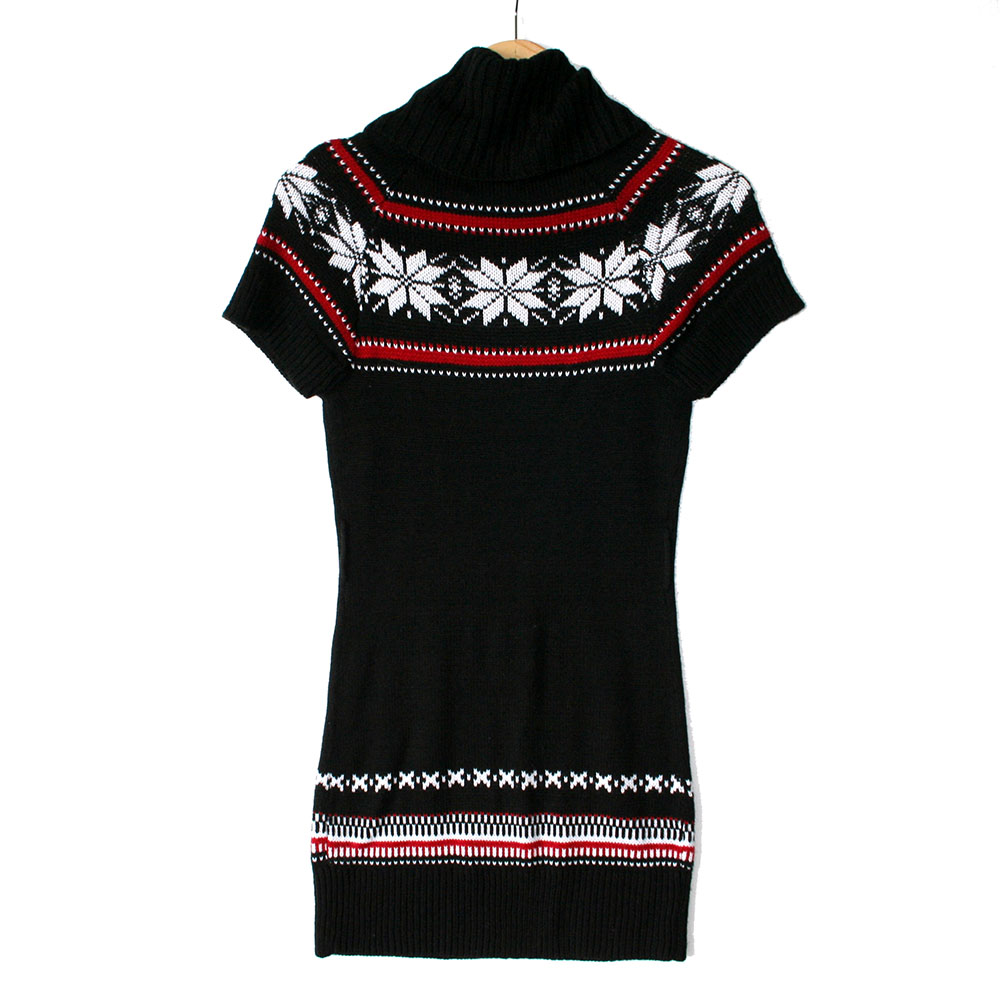 Nordic Snowflakes Tacky Christmas Sweater Dress Black - Ugly Sweater Shop