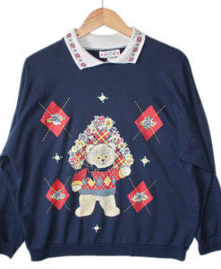 Vintage 80s Teddy Bear in an Argyle Ugly Sweater Tacky Ugly Christmas Sweatshirt