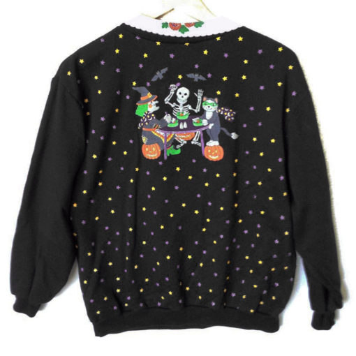Witch Kitty and Skeleton Dinner Party Vintage 80s Tacky Ugly Halloween Sweatshirt