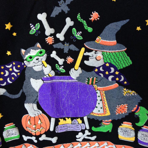 Witch Kitty and Skeleton Dinner Party Vintage 80s Tacky Ugly Halloween Sweatshirt
