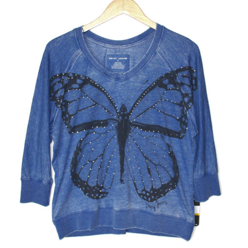 DKNY Blue Distressed Butterfly Lightweight Ugly Sweatshirt