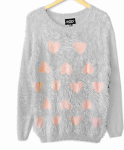 Gray Hairy Hearts Fuzzy Longer Length Ugly Valentines Day Sweater