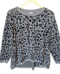 Gray Sparkle Snow Leopard Print Hi-Lo Tacky Ugly Sweater