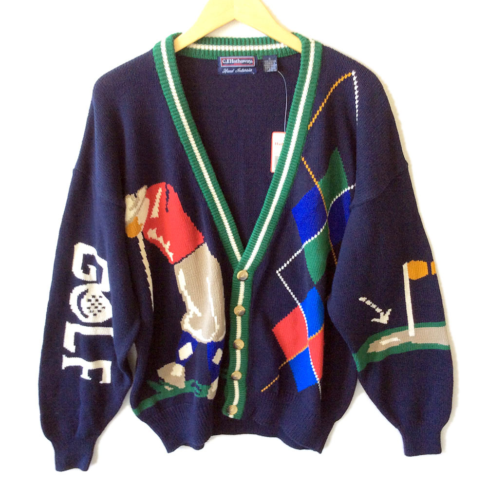 Hathaway Mens Tacky Ugly Cardigan Golf Sweater - The Ugly Sweater Shop