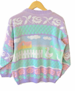 Vintage 80s Farm Scene Pastel Sparkle Tacky Ugly Sweater