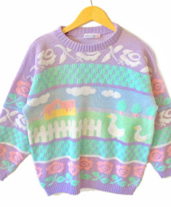 Vintage 80s Farm Scene Pastel Sparkle Tacky Ugly Sweater