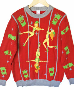 Pole Dancing Elves Funny Stripper Humor Tacky Ugly Christmas Sweater