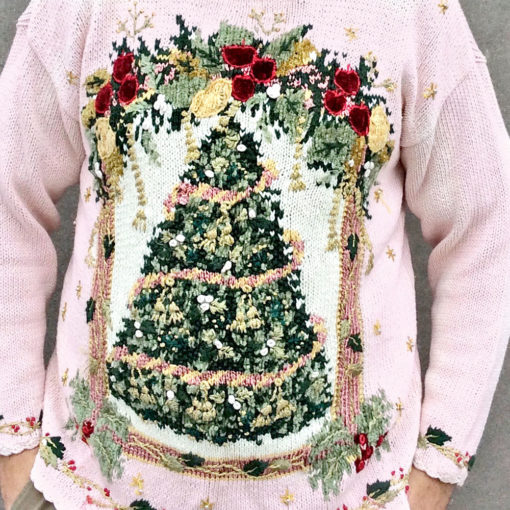 Vintage 90s Pink Big Christmas Tree Tacky Ugly Holiday Sweater