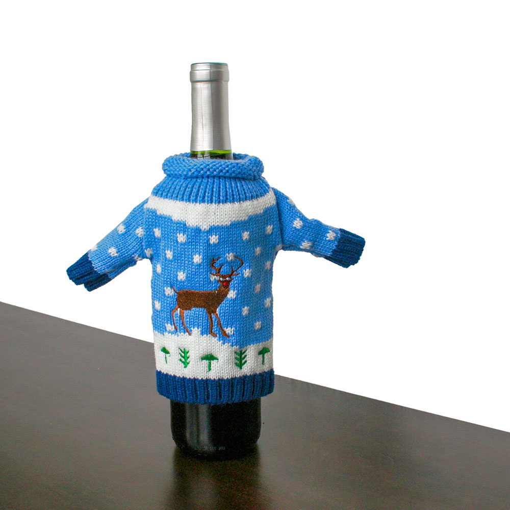 Knit Ugly Christmas Sweater For Your Bottle of Wine - Blue Reindeer ...