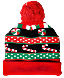 Light Up Christmas Candy Pom Pom Hat Stocking Cap