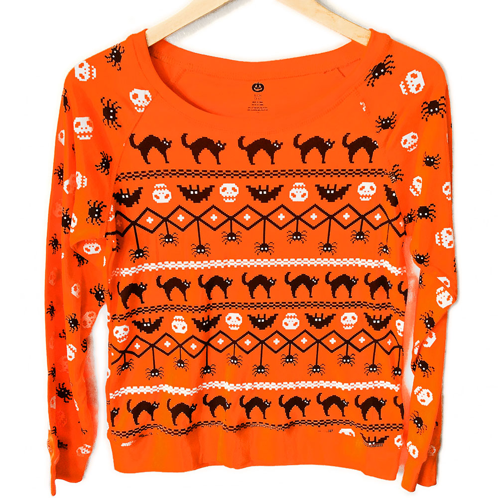 Skulls Cats Bats and Spiders Fair Isle Style Ugly Halloween Sweatshirt