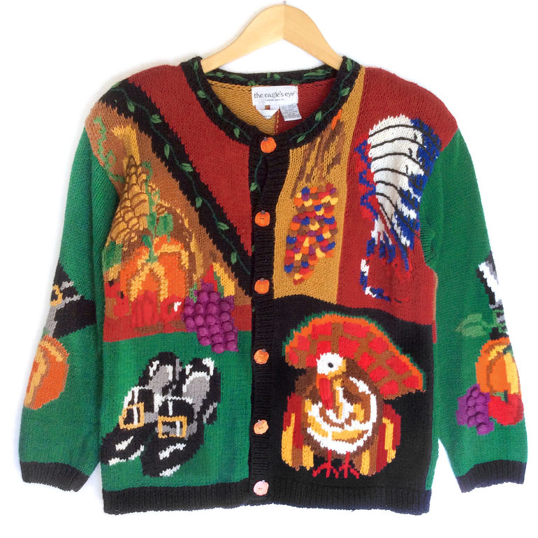 Vintage 90s Pilgrims Indians and Turkey Tacky Ugly Thanksgiving Sweater