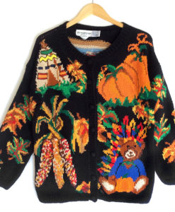 Vintage 90s Teddy Bear Indian and TV Tacky Ugly Thanksgiving Sweater