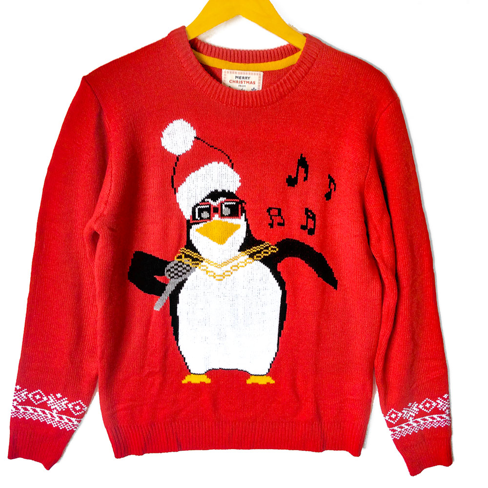 Penguin Karaoke Tacky Ugly Christmas Sweater - The Ugly Sweater Shop