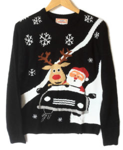 Rudolph and Santa In A Convertible Tacky Ugly Christmas Sweater