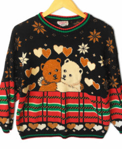 Vintage 80s Sparkle Teddy Bears In Love Tacky Ski Or Ugly Christmas Sweater - Cream Bear