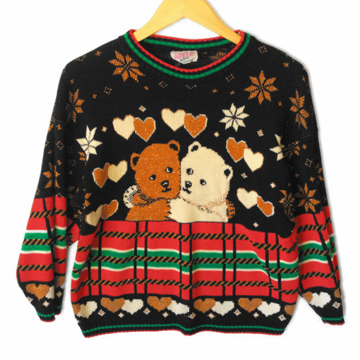 Vintage 80s Sparkle Teddy Bears In Love Tacky Ski Or Ugly Christmas Sweater - Cream Bear