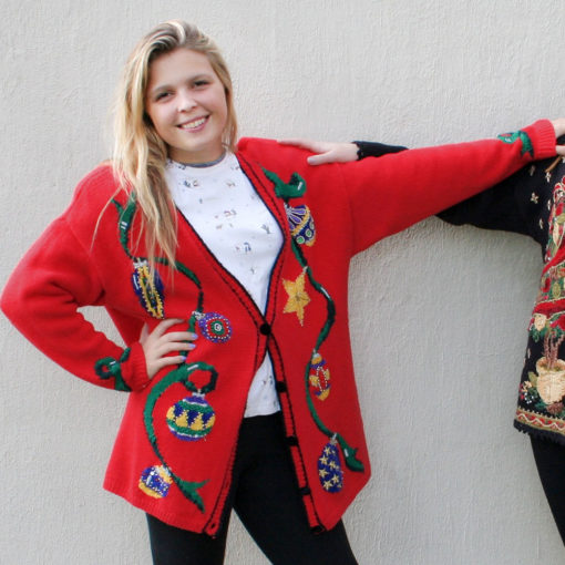 Vintage 90s Christmas Ornaments Oversized Cardigan Ugly Sweater