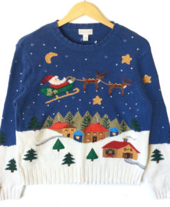 Santa's Sleigh Over Mountain Village Tacky Ugly Christmas Sweater