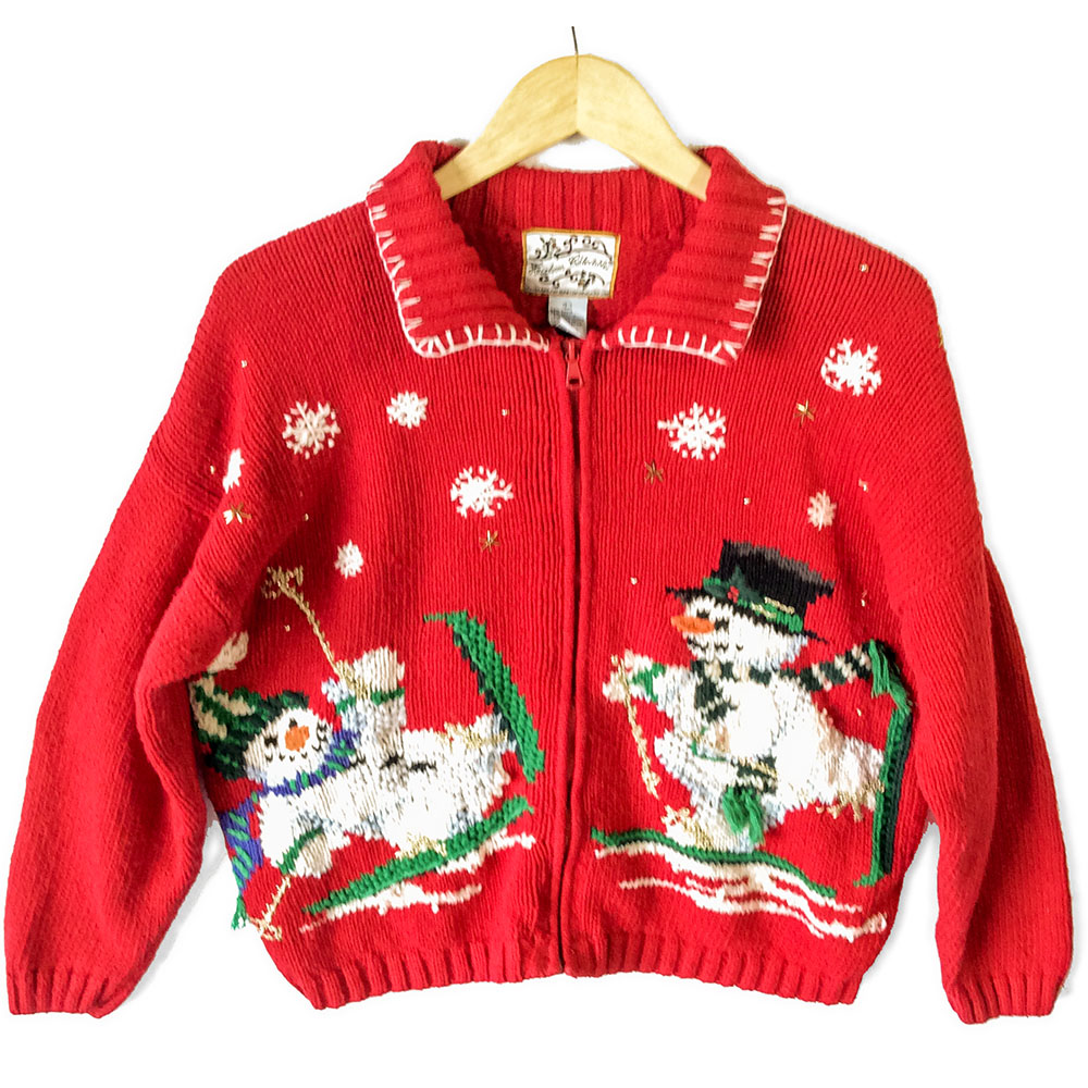 Skiing Snowmen Tacky Ugly Christmas Sweater - The Ugly Sweater Shop