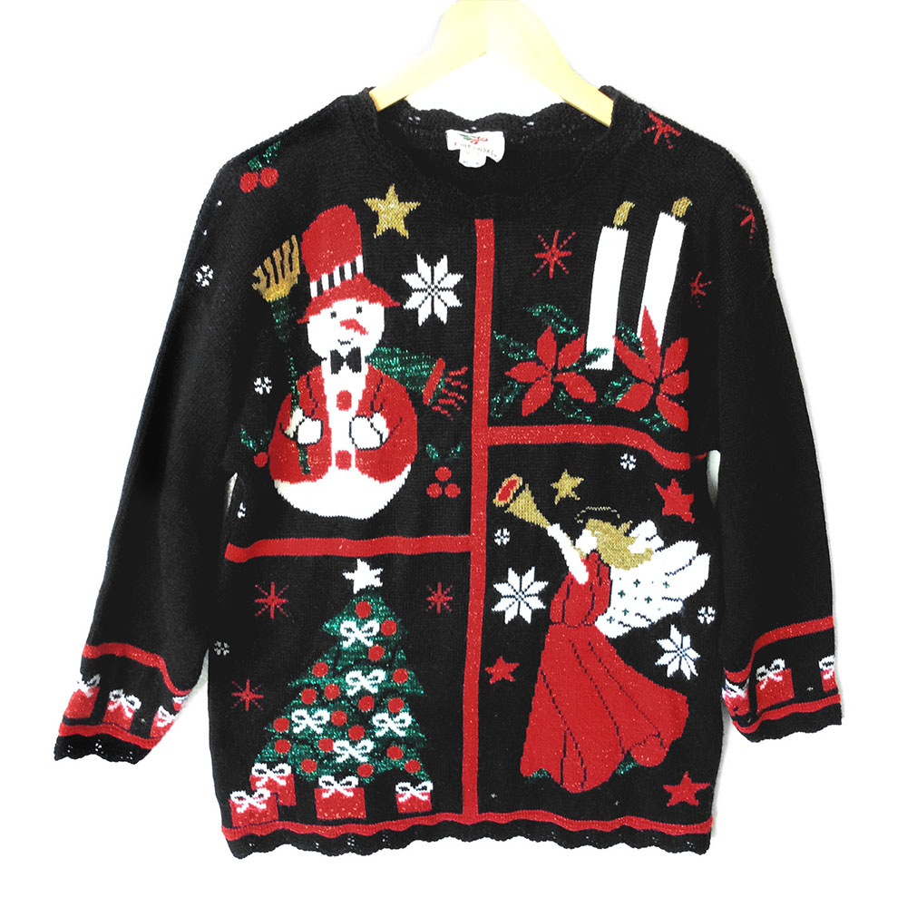 Vintage 80s Angel and Snowman Sparkle Tacky Ugly Christmas Sweater ...