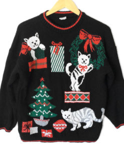 Vintage 80s Kitty Cat Don't Care About Your Ornaments Tacky Ugly Christmas Sweater