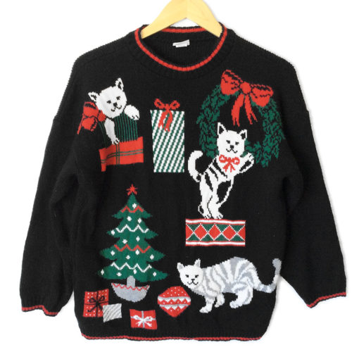 Vintage 80s Kitty Cat Don't Care About Your Ornaments Tacky Ugly Christmas Sweater